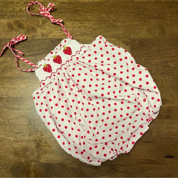 Southern Sunshine Other - Southern Sunshine Smocked Strawberry Polka Dot Kids Bubble Romper Size 2T